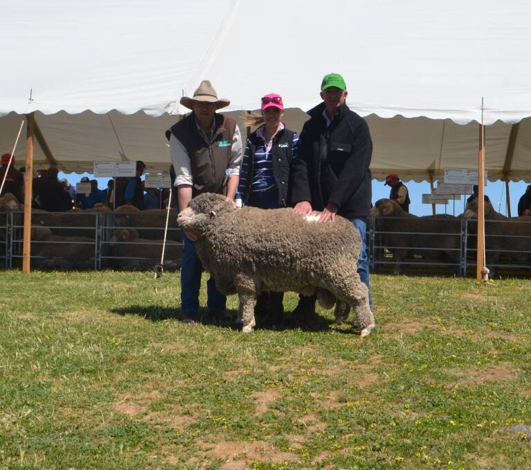 Matt Crozier with Peter Westblade scholar Rachael Gawne, Young parading the ram bought by Shaun Beasley, Lindenow South, Victoria for $4750