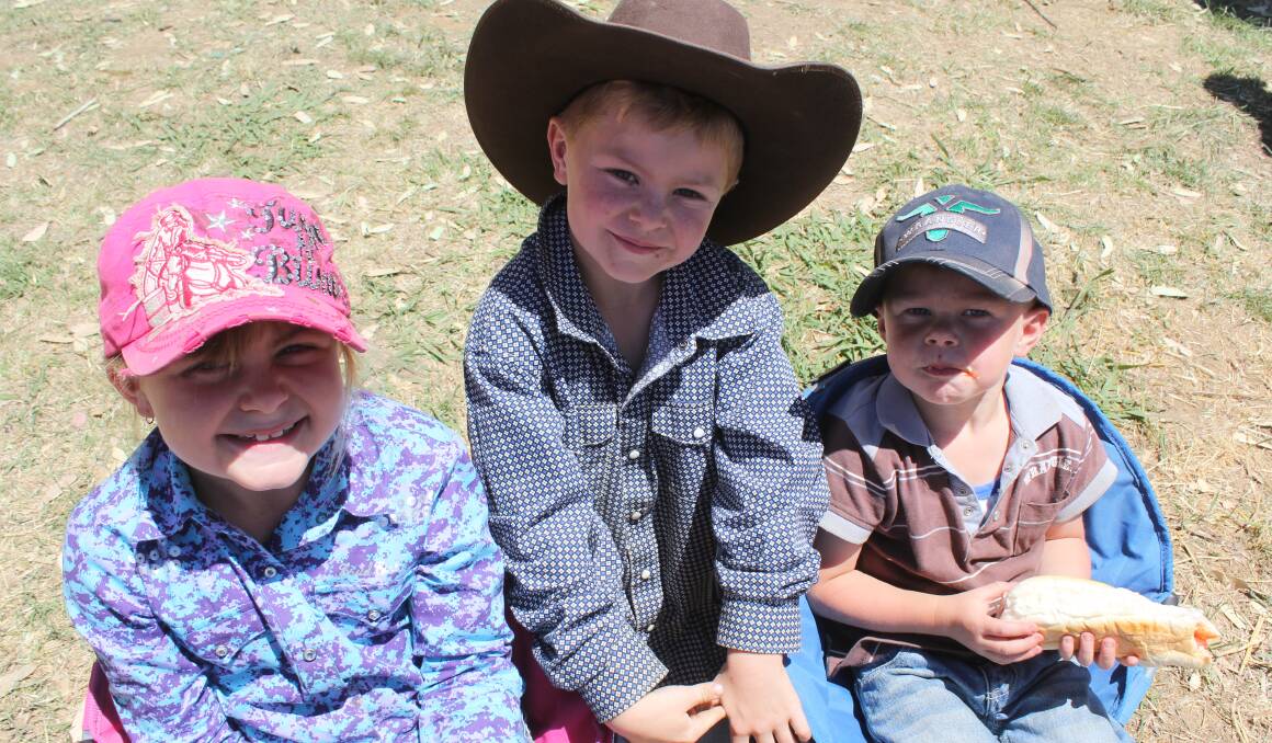 FAMILY FUN: Montana Butt, 7, with brothers, Cody, 5, and Milton, 4, of Junee watch the action at Harden Rodeo. Picture: Nikki Reynolds
