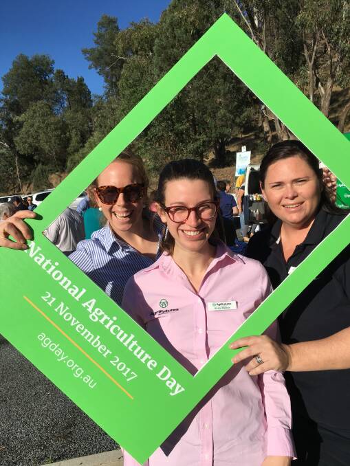 ALL SMILES: Rebecca Milliken of Delta Ag, Kirsty McKee and Emma Reynolds AgriFutures Australia celebrating National Agriculture Day.