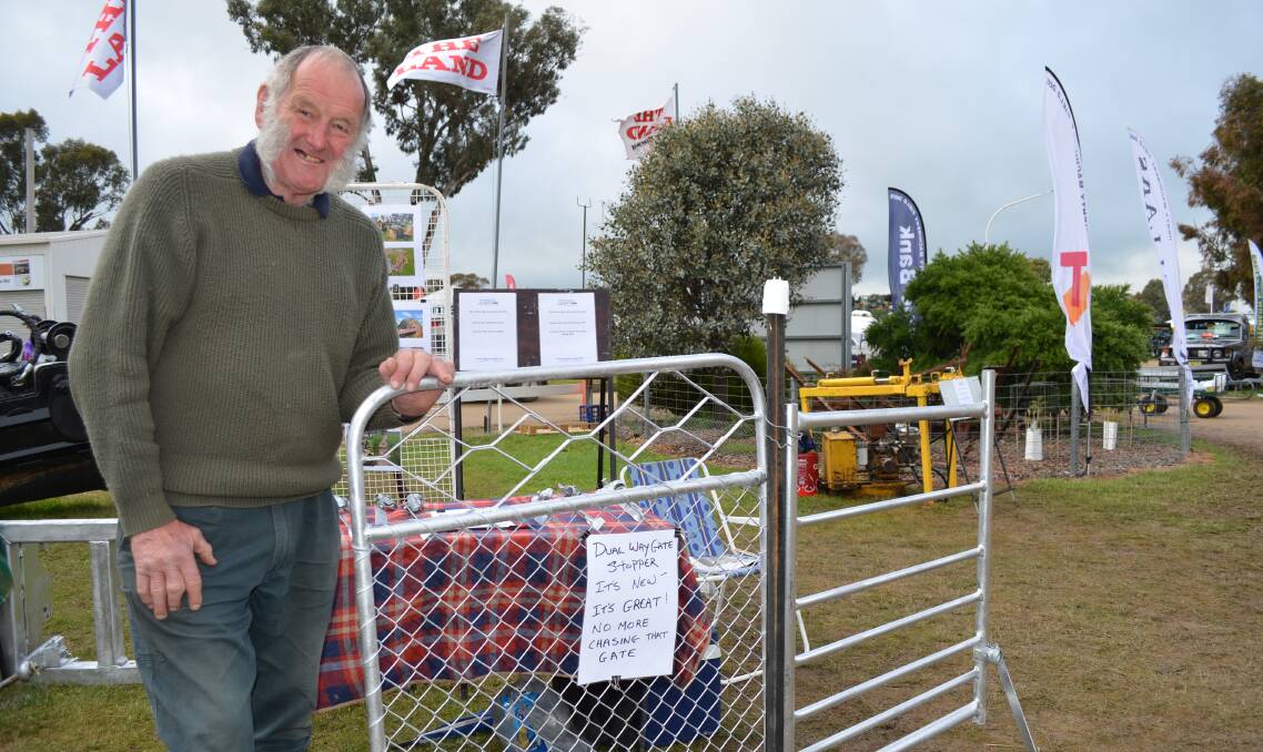 CLEVER DESIGNS: Long-time inventor Barry Bennett of Barooga is pictured with the dual way gate stopper he entered in the farm inventors competition at Henty. Picture: Nikki Reynolds 