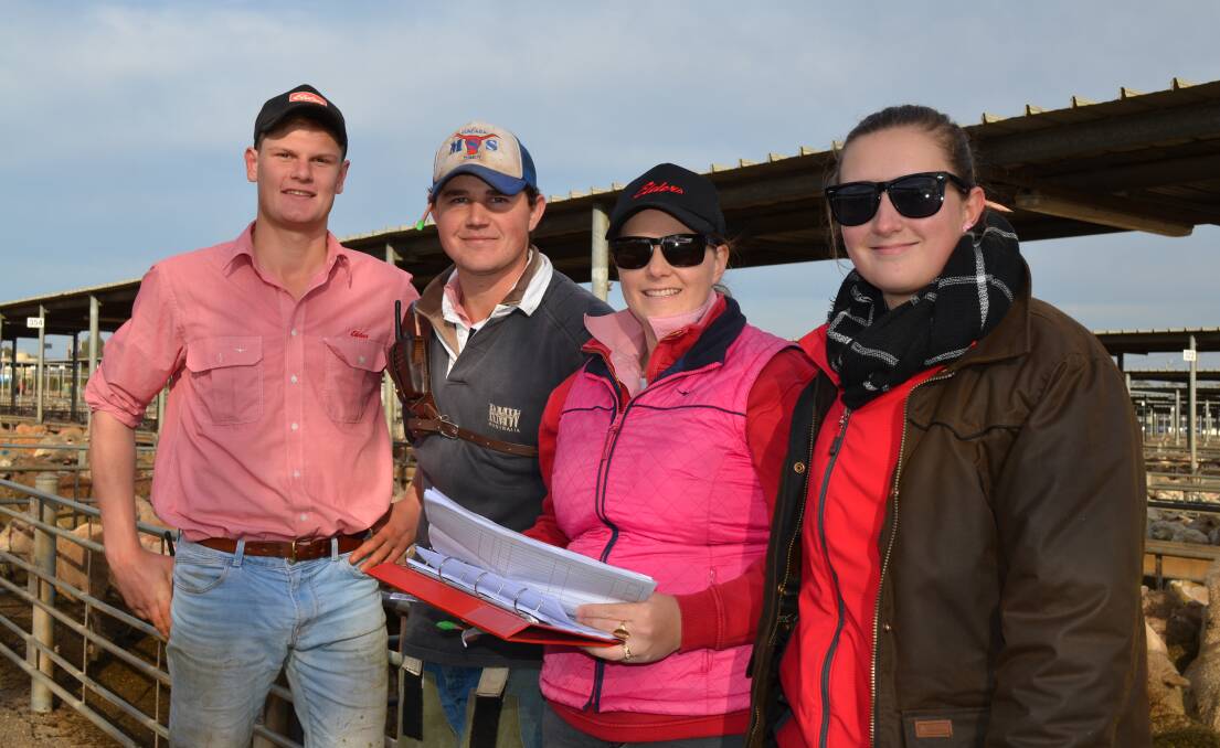 TEAM WORK: Ben Gregory, Elders Wagga, Jake Smith, Elders Gundagai, and Aleasha Ruskin and Lyndy Peters both of Elders Wagga are pictured at the Wagga sheep and lamb sale. Picture: Nikki Reynolds