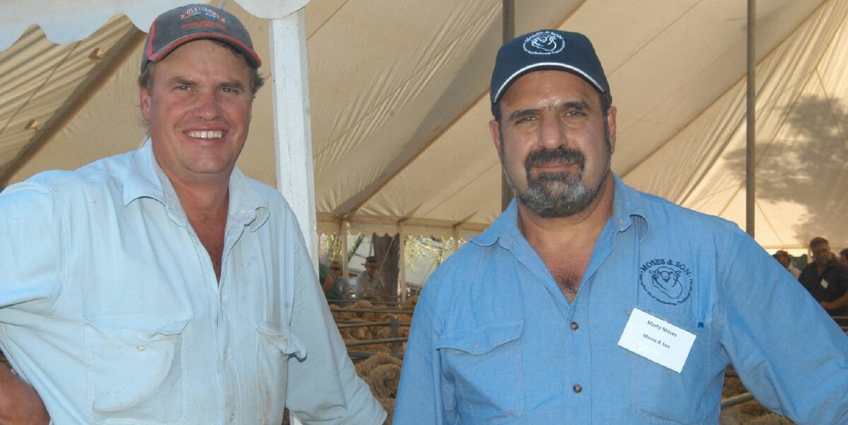 MARKET MOVERS: Merino industry specialist Craig Wilson of Craig Wilson Livestock, Wagga, is pictured with Moses and Son principal Marty Moses, of Temora.