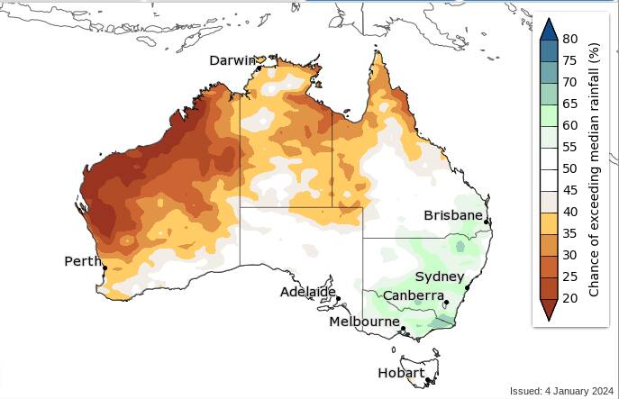 Late summer and early autumn is expected to be wetter in the east. Map courtesy of Bureau of Meteorology.