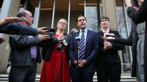 Greens Senator Janet Rice with MP Alex Greenwich and Human Rights Law Centre lawyer Anna Brown outside the Law Courts in Sydney where they have lodged a case against the federal government regarding same-sex marriage. Photo: James Alcock