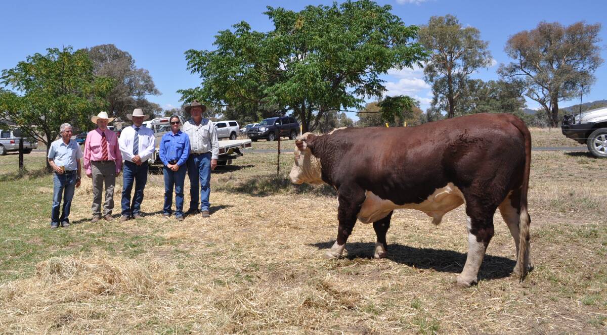 Glenellerslie principal Ross Smith with agent Chris Annetts, Elders Tumut, Michael Glasser, Glassers Total Sales Management, and purchasers of $10000 top price bull Gordon and Jess Moon, Black Mountain, Victoria.