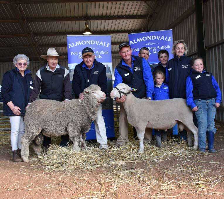 Purchaser of both top price Poll rams Laurie Beer, "Woodbury", Deniliquin; flanked my Marita and Peter Routley; while top price White Suffolk purchaser Bill Darmody, "Wantana", Booroowa; is pictured with Paul, Ruby, Lachlan, Dallas, and Grace Routley.