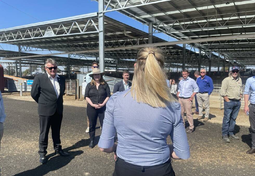 Federation Council environment, facilities and regulations manager Angela Reidy speaks to those gathered for the official opening of the upgraded Corowa saleyards. Looking on from left are Federation mayor Pat Bourke, NSW Agriculture Minister Tara Moriarty and Albury MP Justin Clancy. 