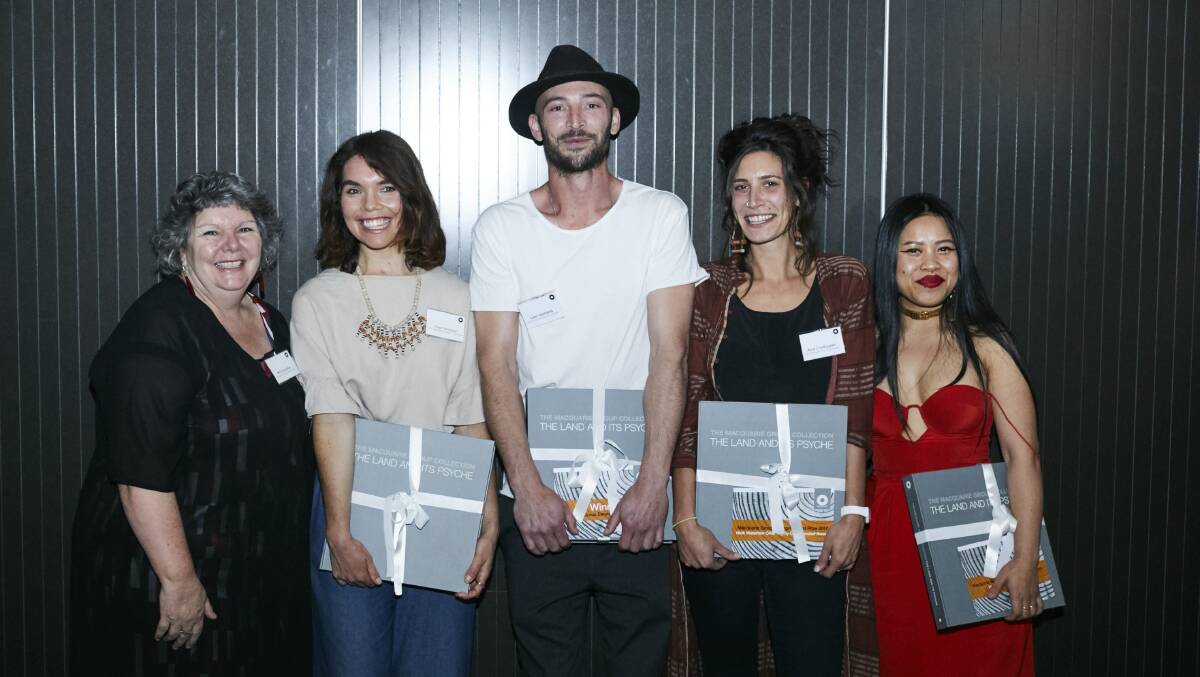 Guest judge Nici Cumpston, Emerging Curator Award winner Freja Carmichael, Emerging Artist Prize winner Liam Garstang, Nick Waterlow award winner Alice Couttoupes and Highly Commended award winner Mechelle Bounpraseuth. Picture: Supplied