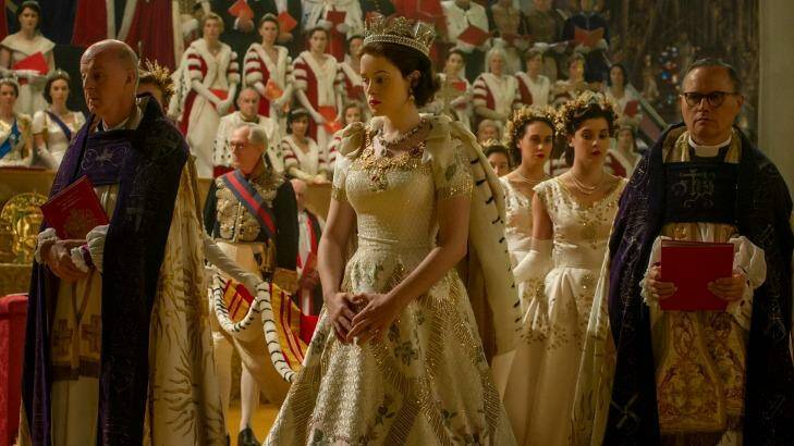 Queen Elizabeth's coronation in The Crown. Photo: Alex Bailey/Netflix