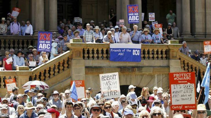 Several hundred people filled Town Hall Square to rally against ABC and SBS cuts. Photo: James Brickwood