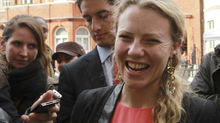 Sarah Harrison, assistant to Julian Assange, thanks supporters outside Ecuador'?s embassy in London in 2012. She is among the journalists whose details were provided to authorities. Photo: Supplied