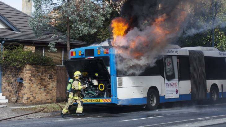 Significant delays: The L90 bus travelling south-bound caught alight on Military Rd Mosman. Photo: James Brickwood