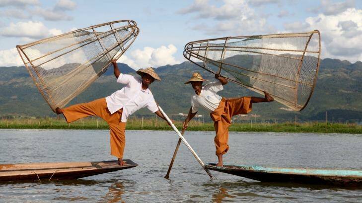 Inle Lake's fishermen have famously perfected the art of leg rowing since the 12th century. Photo: Kerry van der Jagt