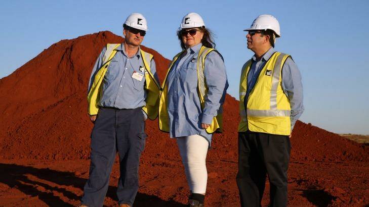 Gina Rinehart - pictured with Barry Fitzgerald, chief executive officer of the mine, left, and Sanjiv Manchanda, project manager - at the $10 billion Roy Hill mine. Photo: Philip Gostelow