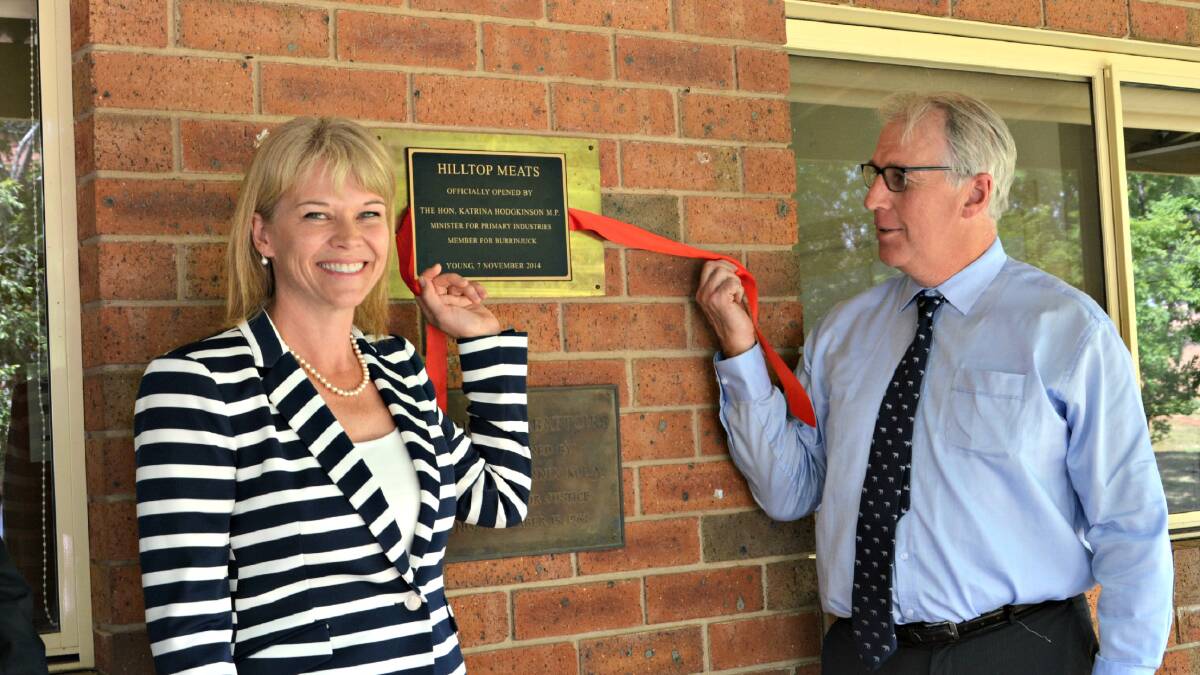 NSW Minister for Primary Industries, Katrina Hodgkinson, officially opens the new Hilltop Meats processing plant in Young and is pictured with B E Campbell principal, Ted Campbell.