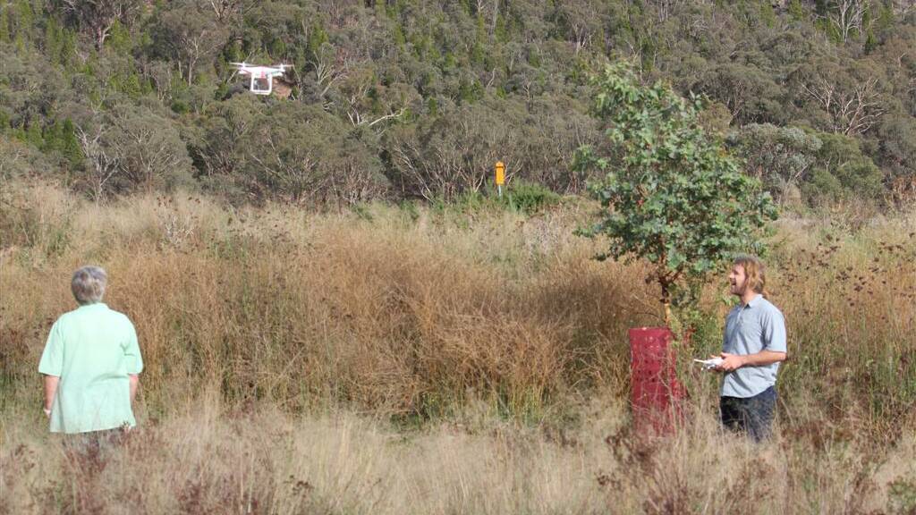 The drone camera in action on the Upper Murrumbidgee demonstration reach. Picture: Antia Brademan