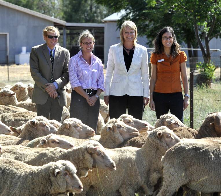 Minister for Primary Industries Katrina Hodgkinson at CSU for ag related announcements... with CSU school of animal and vetinary science associate professor Bruce Allworth, Sally Martin from Merinolink Limited and Dr Marta Hernadez-Jover, also with the CSU school of animal and vetinary science. Picture: Les Smith
