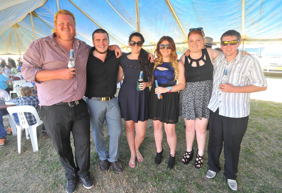 Jake Hamblin, Peter Charles, Emma Charles, Lana Sweeney, Hannah Snowden and Brent Walker at the 2013 Ardlethan Picnic Races.