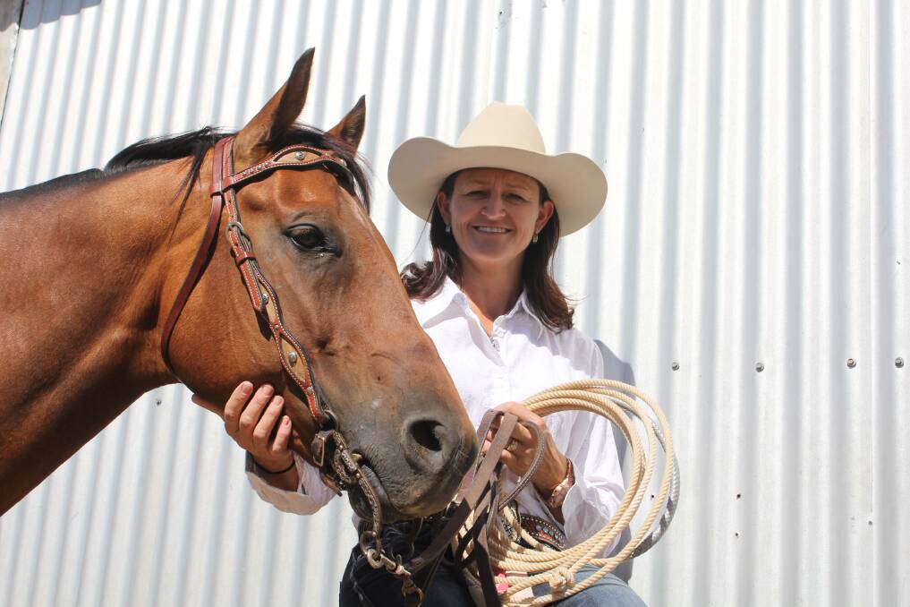 Michelle Makeham, "Willow Mead" Nangus and her horse Chubby after returning from the ABCRA rodeo finals in Tamworth.
