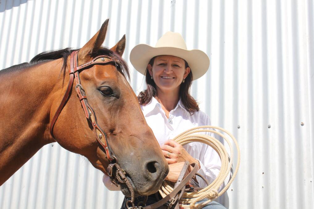 Michelle Makeham, "Willow Mead" Nangus and her horse Chubby after returning from the ABCRA rodeo finals in Tamworth.