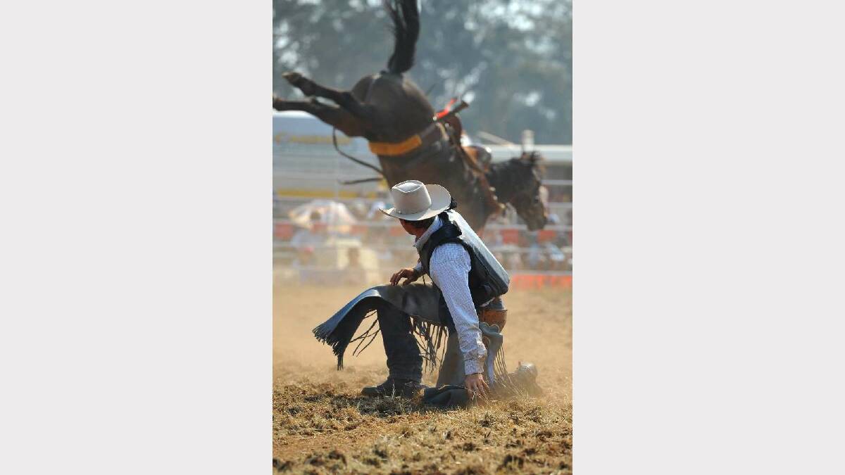 COOLAMON RODEO: John Mitchell watches his horse buck in the second division. Picture: Addison Hamilton
