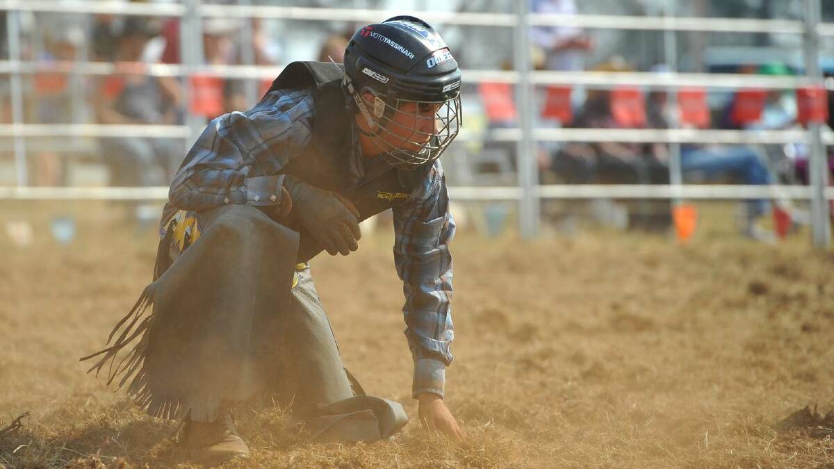 COOLAMON RODEO: Jake Curtis rises after a stack in the under 18s section. Picture: Addison Hamilton