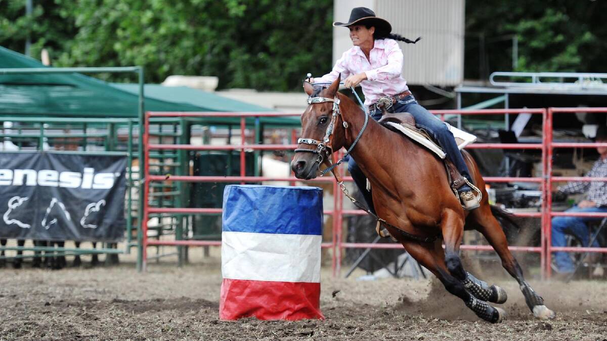 Competing in the barrel racing ladies dash for cash is Jan Saunders at the Tumbarumba Rodeo on New Year's Day. Picture: Alastair Brook