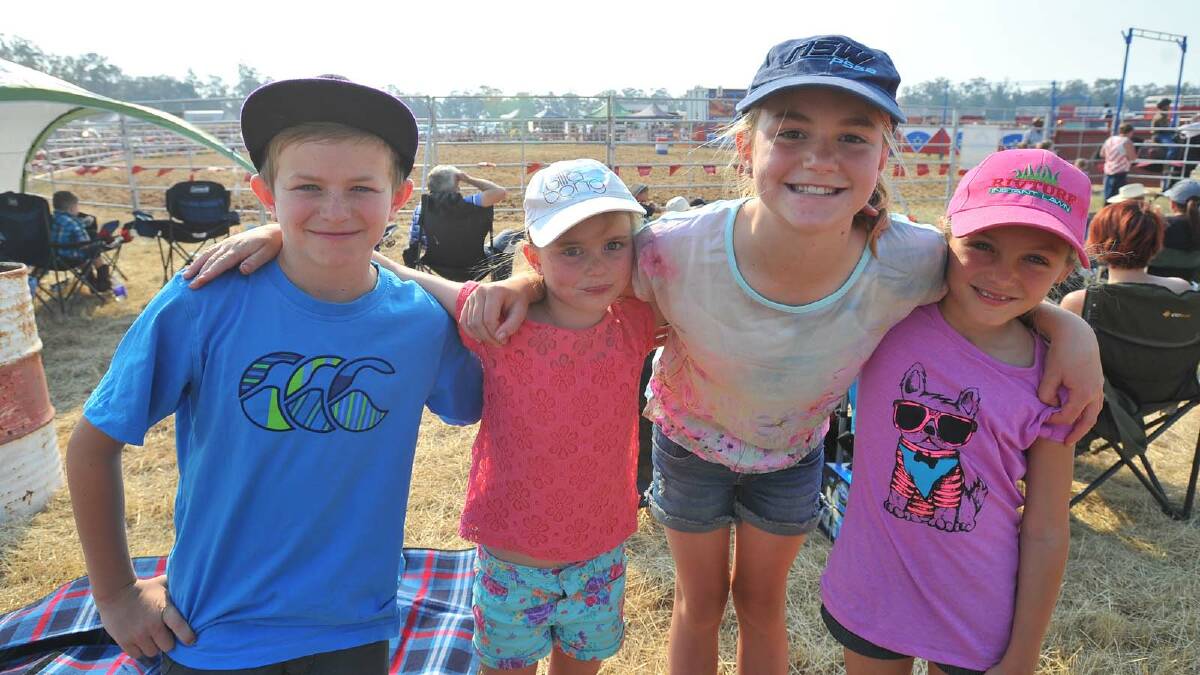 COOLAMON RODEO: Darcy, 9, Abbey, 6, and Lauren Jolliffe, 10, and Jade Beresford, 9. Picture: Addison Hamilton