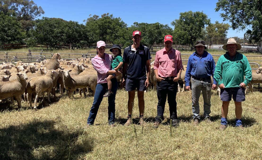 Top price and best presented pen for unjoined ewes was $266 a head. The sheep are with Rachael, Jackson and Nathan Kember, Ganmain; Jacob Kerrisk, Elders Narrandera; and, Greg and Rory Menzies, Matong.