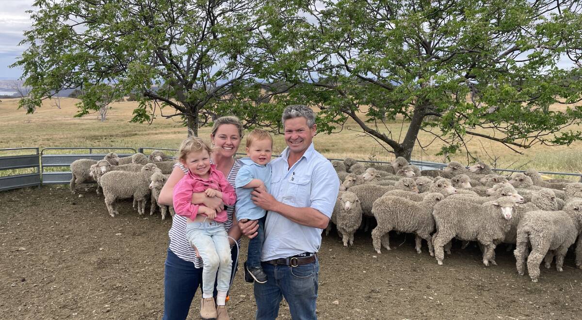 Lily, Sarah, Mac and Davo Weir, Bertangles, Bookham, proudly display their maiden Bogo-blood Merino ewes which judged first in the competition.