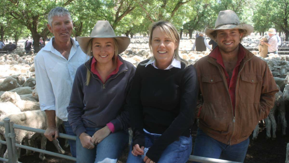 Ian, Amber, Camilla and Will Shippen satisfied with the sale of their Bandyandah Pastoral ewes after an extremely tough season at Moulamein. Photo: Murray Arnel