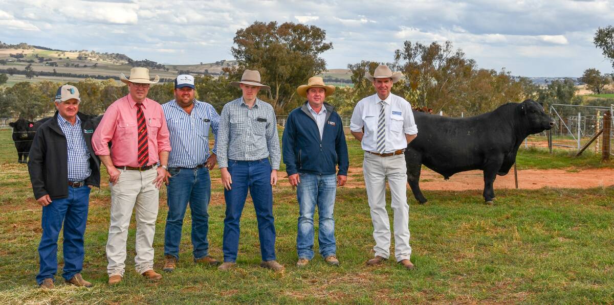 Vendor Gerald Spry, Elders agent Ross Milne, buyers Heath and Harry Nickolls, Jonathan Spence and auctioneer Paul Dooley with Sprys-W Overdrive Q573.