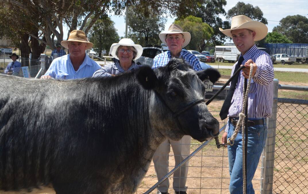 Chris Corcoran with Julie and Graham Simmonds, and the steer being prepared for the Sydney Royal led by Murrumburah High School student Rory Fogg.