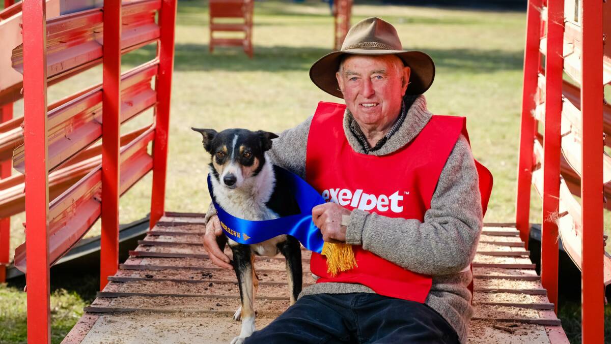Laurie Slater, of Murrumbateman, and his dog Wondara Jules after winning the Pedigree and Nature’s Table Three Sheep Trial at Henty. Photo: supplied
