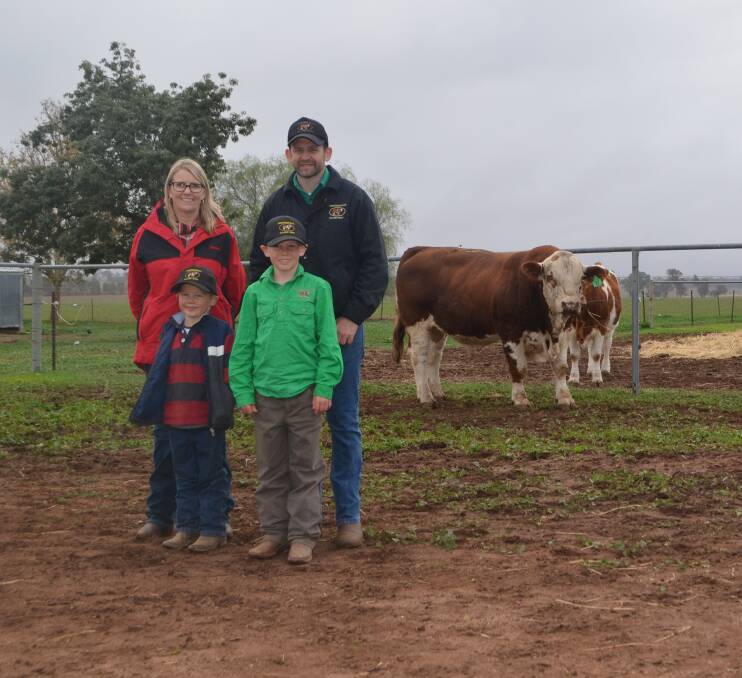 Top priced bull, Tennysonvale Noah, purchased by Blue Dog Simmentals, Wandoan, Qld, with Jenni O'Sullivan, Elders, and George, Angus and Carl Baldry, Tennysonvale Simmentals, Illabo.