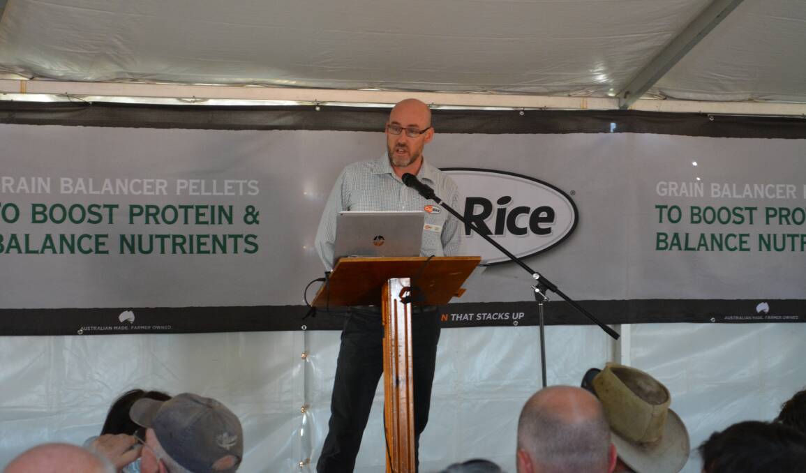 CopRice national business manager Jason Agars announces expansion of CopRice ruminant nutrition to attendees of the Feeding Sheep for Profit Field Day at the Canimbla feedlot, Cowra. 
