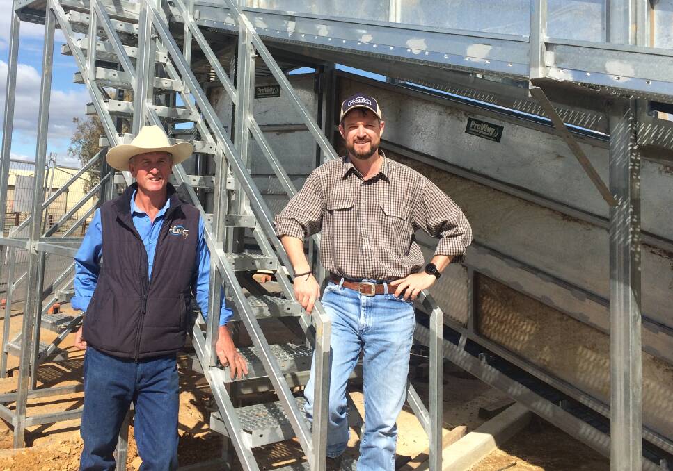 LOAD THEM UP: Stuart Lymbery and Paul Martin of the Wagga Livestock Marketing Centre are pictured near the cattle loading ramp. Picture: Nikki Reynolds