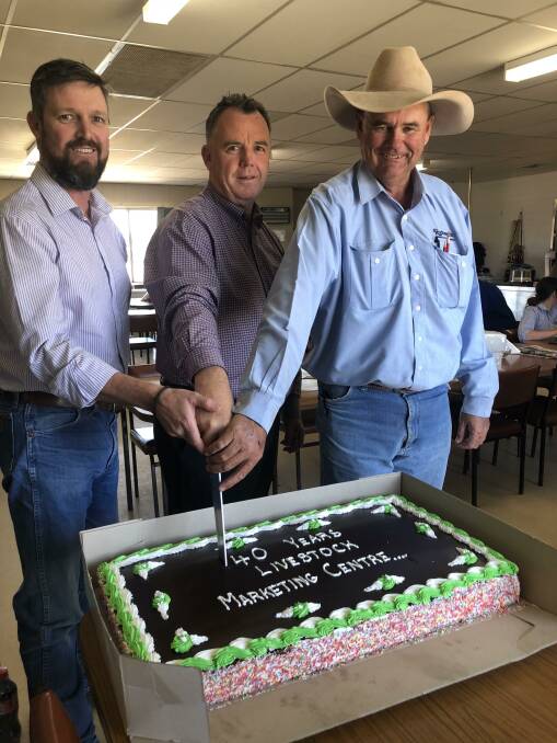 BUILD IT AND THE PEOPLE WILL COME: Livestock Marketing Centre manager Paul Martin, Wagga City Council deputy mayor Dallas Tout, and Wagga Associated Livestock Agents president, Ryan Schiller celebrate 40 years of sale yard selling at the Bomen site. Picture: Nikki Reynolds