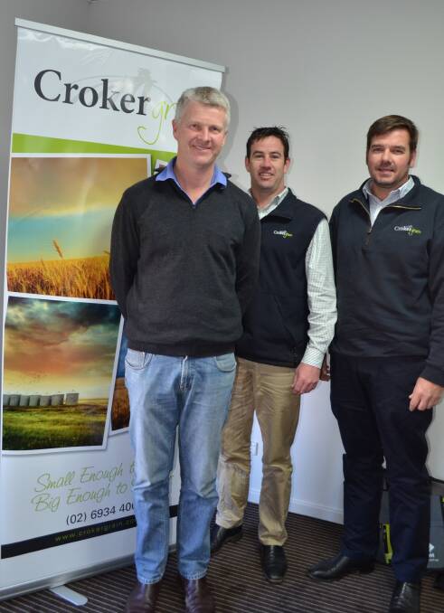 CROP FOCUS: Alistair Pennington, Jason McPherson and Damian Maloney, all of Croker Grain, are pictured in Wagga. Picture: Nikki Reynolds 