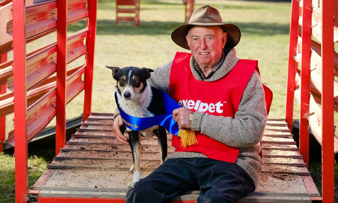 WINNING WAYS: Laurie Slater, of Murrumbateman, and his dog Wondara Jules after winning the Pedigree and Nature’s Table Three Sheep Trial.
