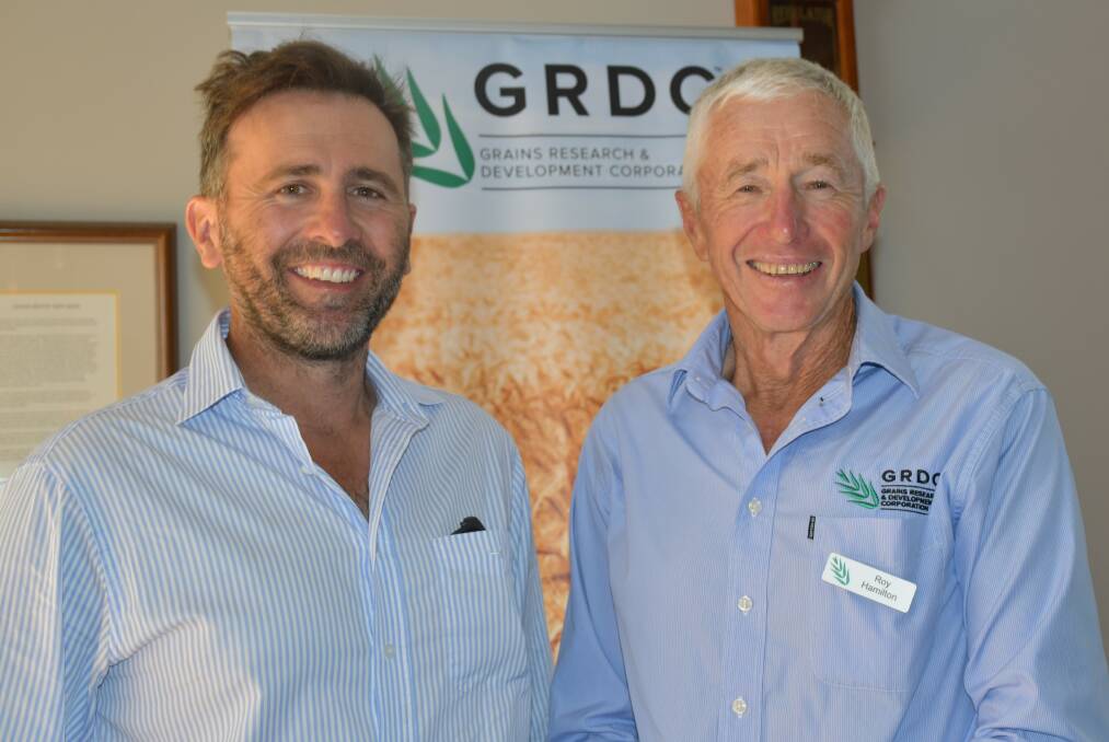 ACKNOWLEDGEMENT: Rohan Brill is recognised for his agricultural contribution and is pictured with GRDC Northern Panel member Roy Hamilton. 