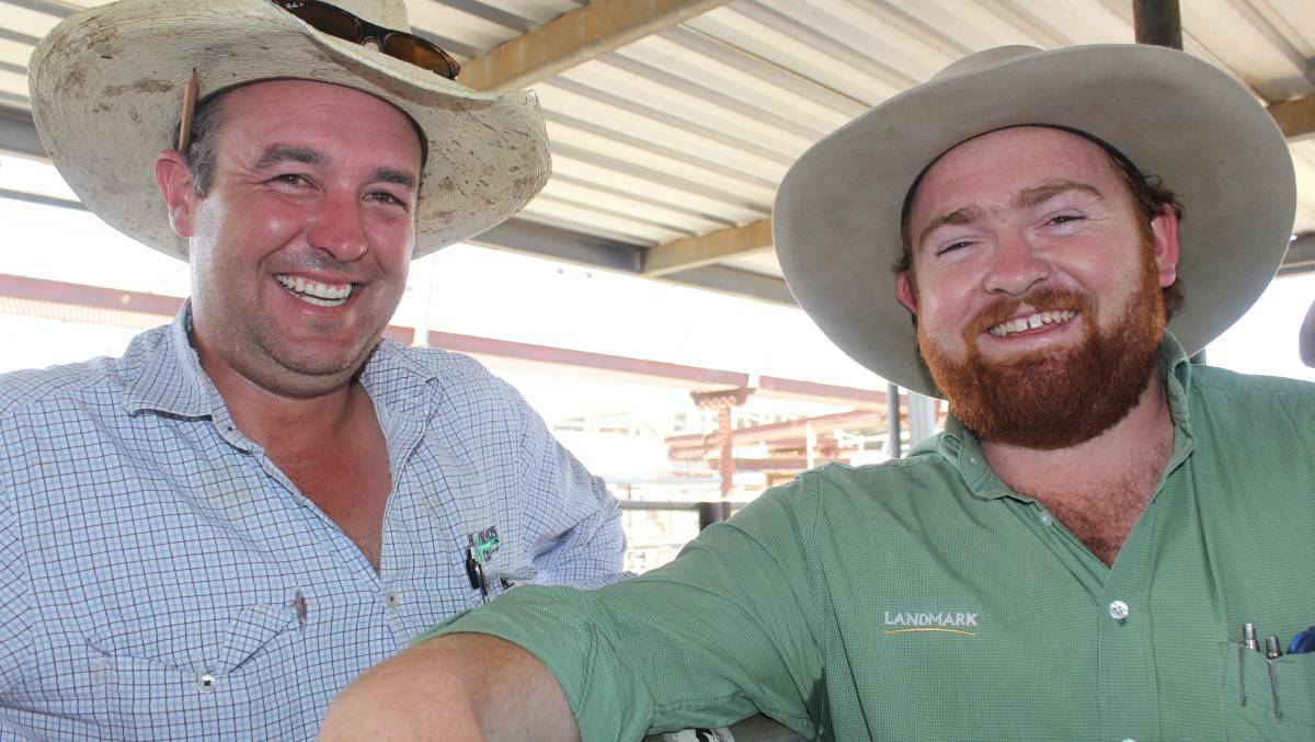 REPRESENT THE REGION: Evan Traviss is pictured with Ryan Burden of Landmark Narrandera at the Wagga cattle sale. Ryan will compete in the young auctioneers competition at Sydney Royal Easter Show. 