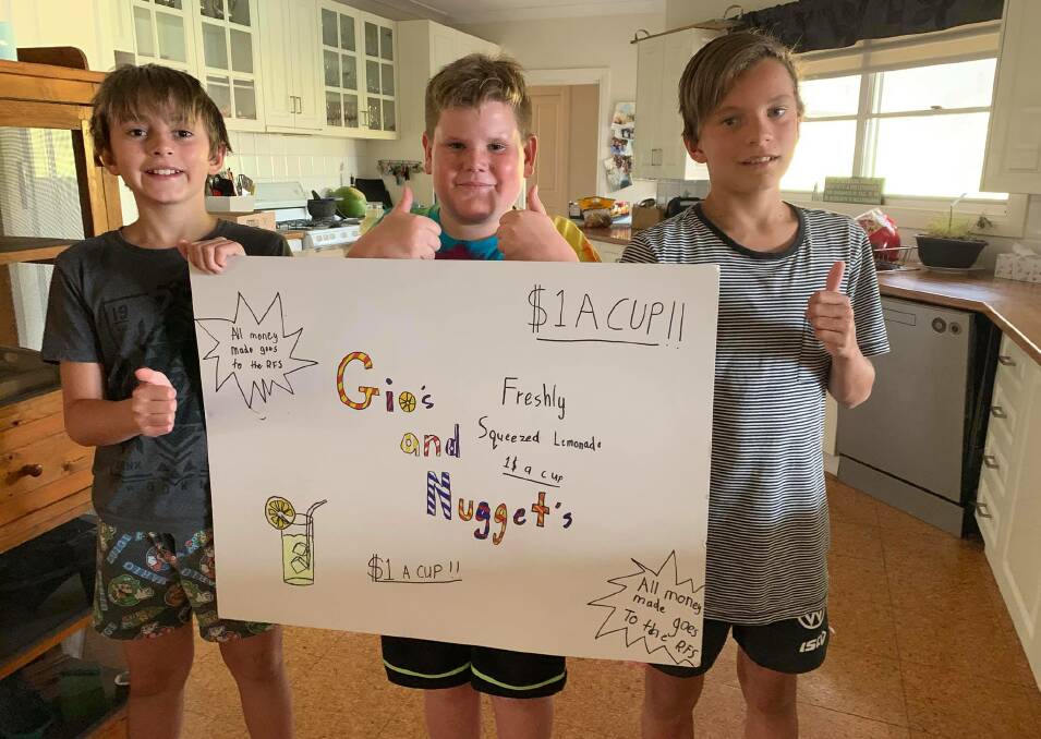 ENTERPRISING PROJECT: Brothers Rohan, 11, and Oscar, 13, Gianniotis and friend Oscar Nugent (centre), 11, raise funds for the Rural Fire Service. Picture: Supplied