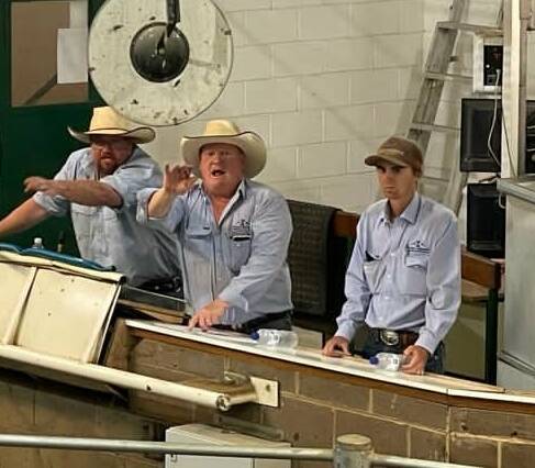 TAKING THE BIDS: Selling for Wilks and McKean Livestock and Property, Joe Wilks, Tim McKean and Noah Vennell. Picture: Dave Mitchell Images