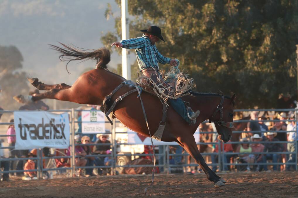 COMPETITOR: Brad Pierce of Tooma is pictured riding in the saddle bronc event. Picture: Barry Richards Photography 