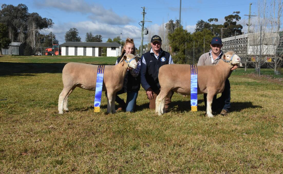 FAMILY SUCCESS: Chloe, Garry and Sam Armstrong of Armsdale Park Poll Dorsets at Marrar with the winning pair at Cowra. Picture: Shantelle Stephens