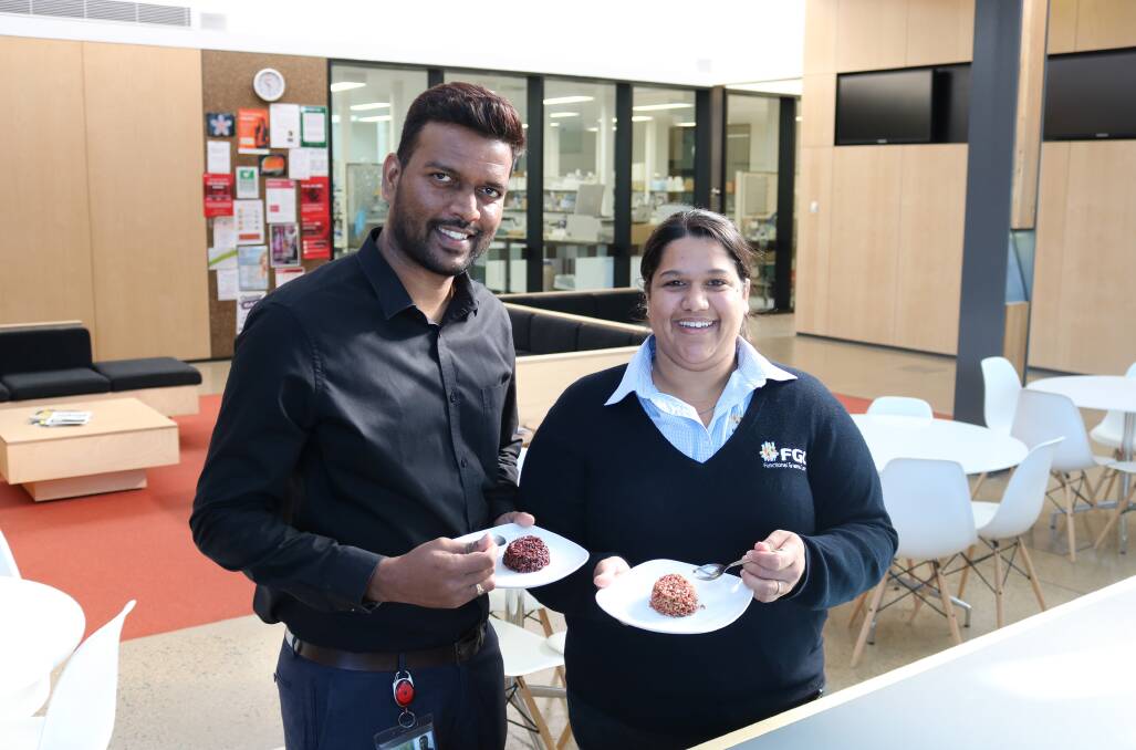 ON THE TABLE: Dr Abishek Santhakumar and PhD student Ms Esther Callcott from the Functional Grains Centre at Charles Sturt University. 