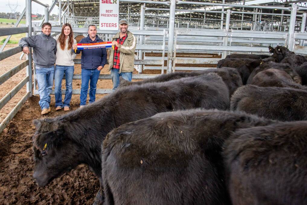 RECOGNITION: Champion pen of steers Ben Foley "Willow Bank," Crookwell (far right) with Brendan and Tessa Zapper and sponsor Joel Conron.