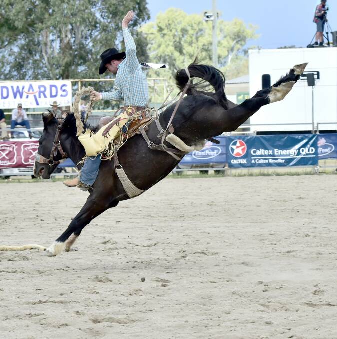 IN FORM: Tim Hammond of Rosewood in southern NSW rides Take Me Easy in the saddle bronc. Picture: Dave Ethell