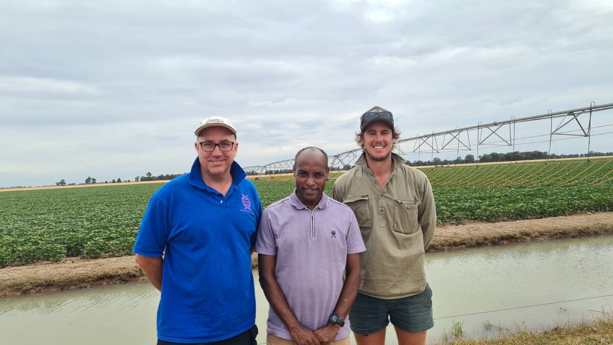 IN ROADS: Duncan Farquhar, founder of ecoconnect.me with Dr Ketema Zeleke Irrigation specialist from Charles Sturt University and Cameron Robertson of Finley. 